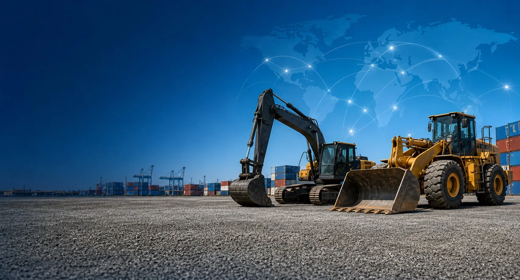 New and used excavators and wheel loaders available from a machinery export yard in China